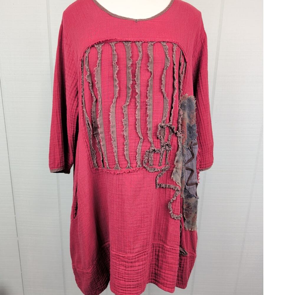 Peacock Ways Womens Tunic Shirt Red Artsy Boho Lagenlook Abstract Cotton Top